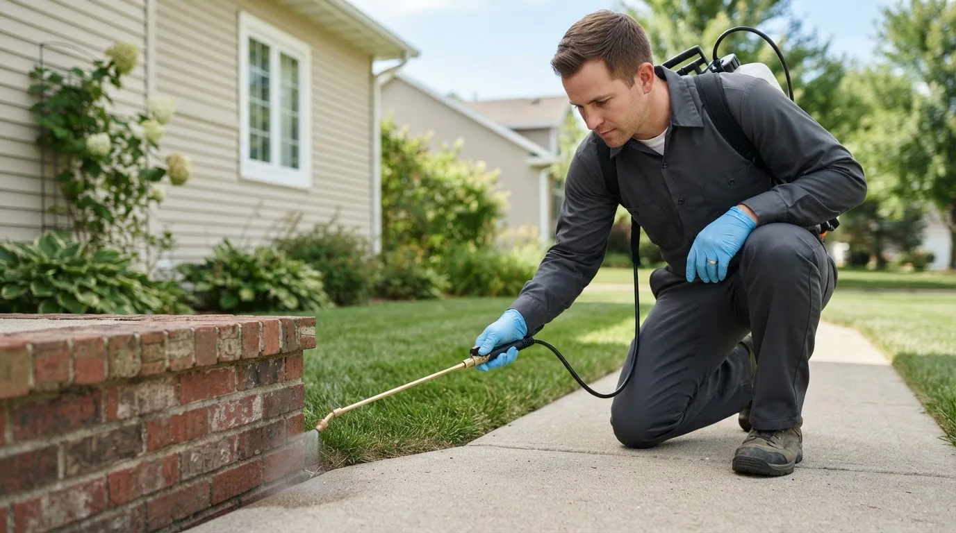 Pest control technician treating a home near Clinton, IA