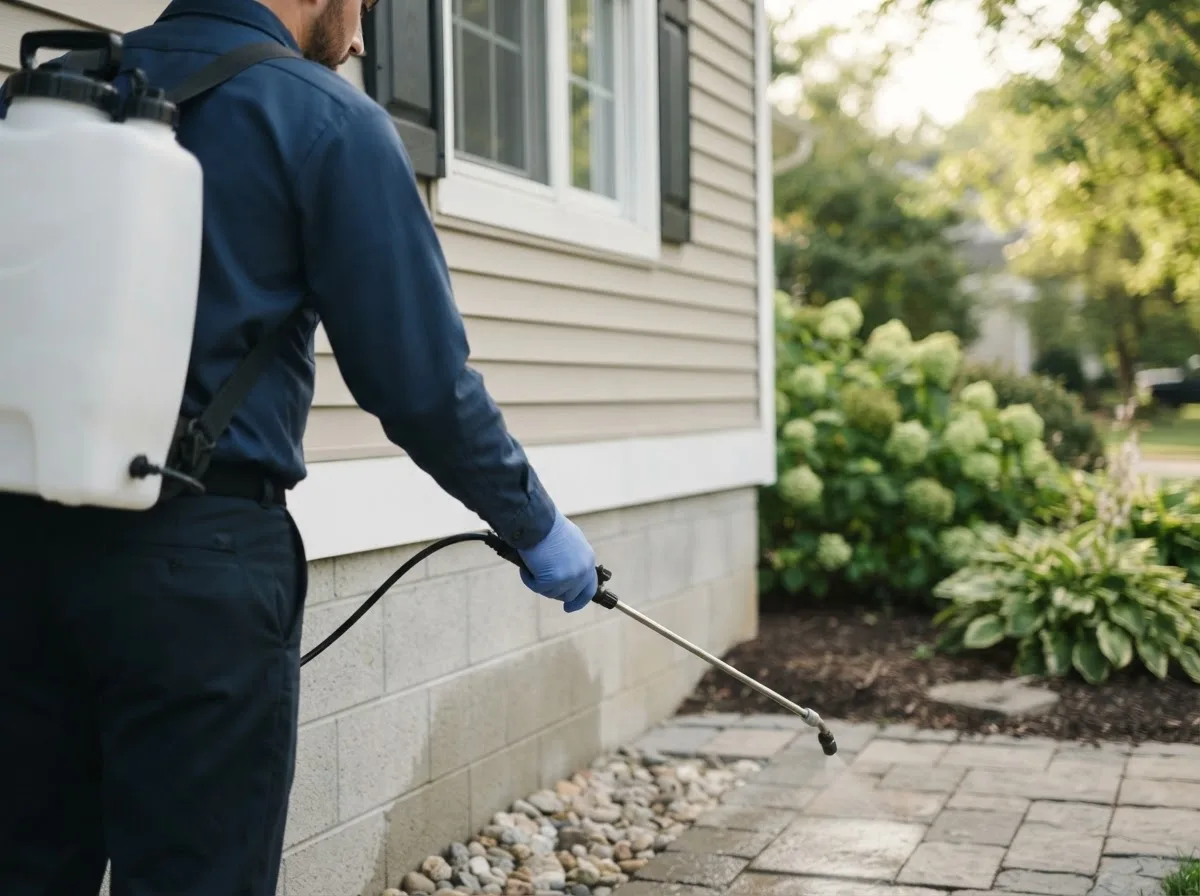 Pest control technician inspecting a home in Clinton, IA